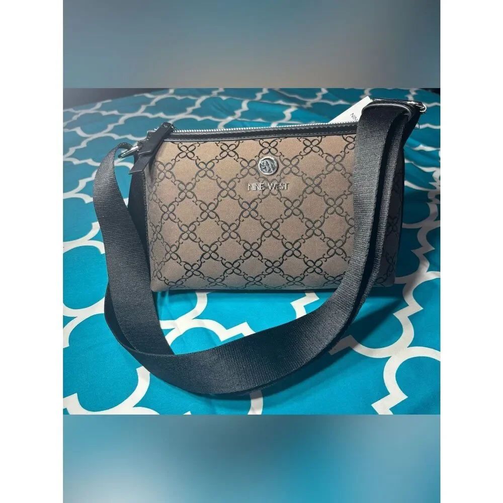 New Nine West Riggs Mini Taupe and Black Patterned Crossbody Bag
